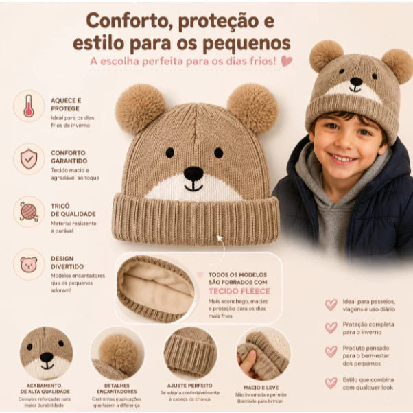 Touca Gorro Frio Inverno Infantil Forrado Orelinha Pompom