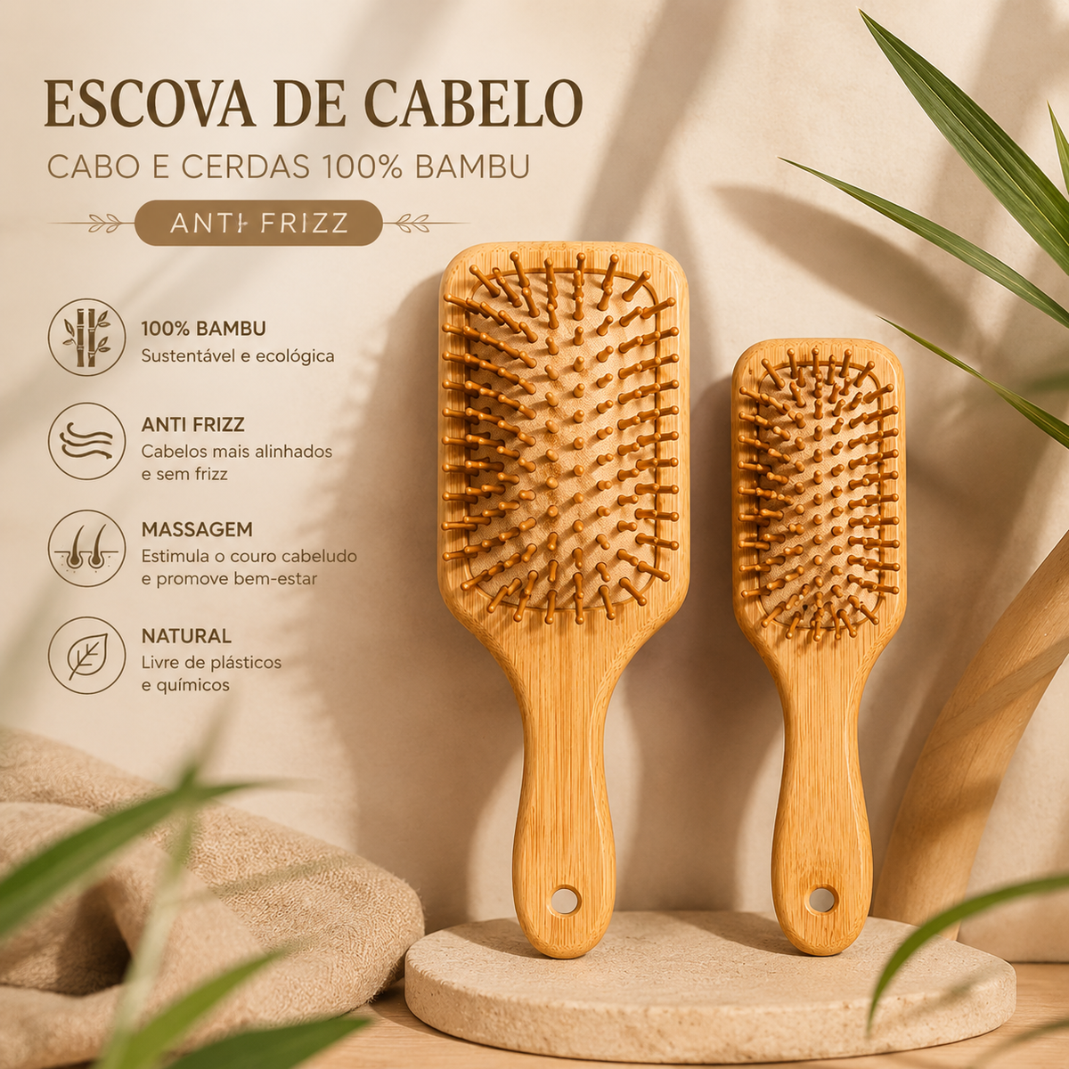 ESCOVA DE CABELO CABO E CERDAS 100% BAMBU – Anti Frizz
