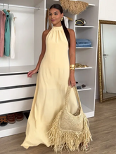 Vestido Feminino Longo Elegante Verão Blusa Regata Duna Gola Alta Costas Nua Laço