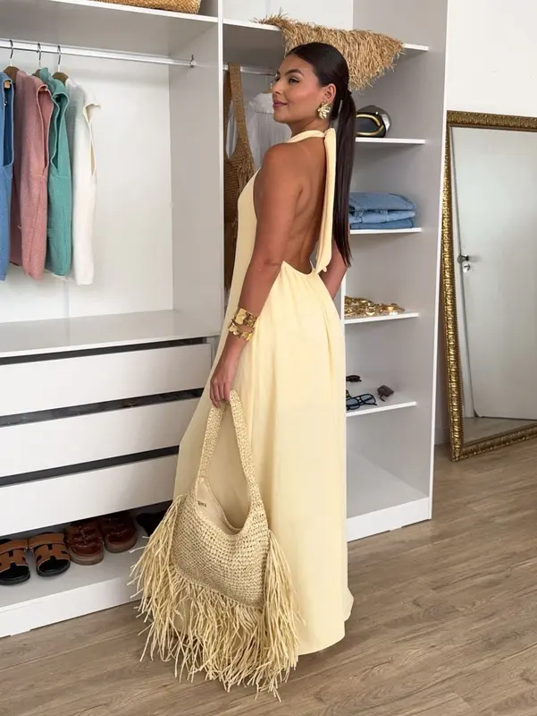 Vestido Feminino Longo Elegante Verão Blusa Regata Duna Gola Alta Costas Nua Laço