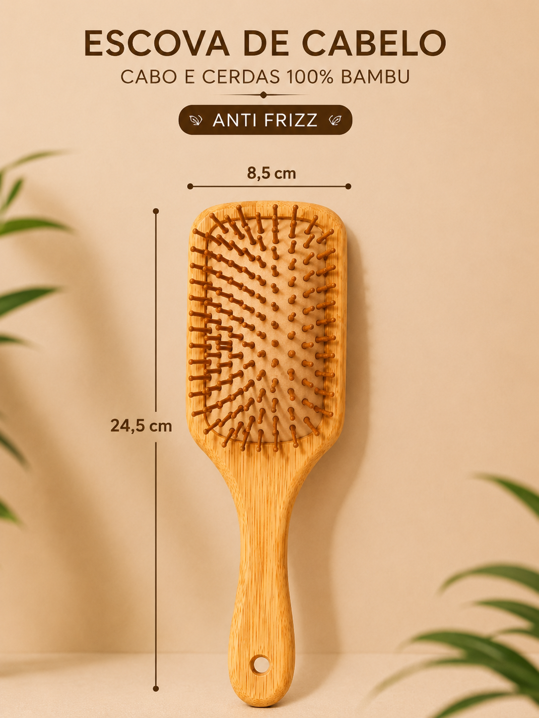 ESCOVA DE CABELO CABO E CERDAS 100% BAMBU – Anti Frizz