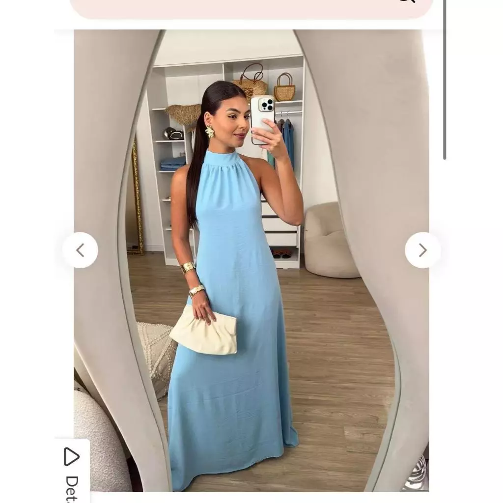 Vestido Feminino Longo Elegante Verão Blusa Regata Duna Gola Alta Costas Nua Laço