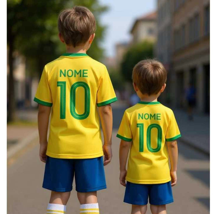 Conjunto Infantil Unissex Camiseta e Shorts Brasil Personalizado Nome