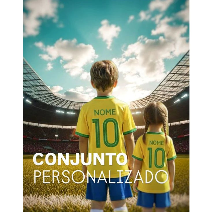 Conjunto Infantil Unissex Camiseta e Shorts Brasil Personalizado Nome
