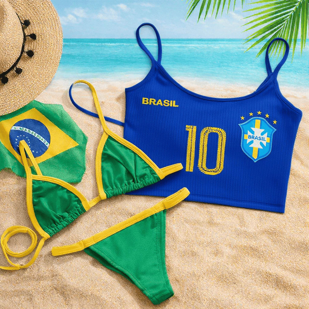 Kit 3 peças Blusinha Brasil e Biquíni Fita Brasil Marquinha