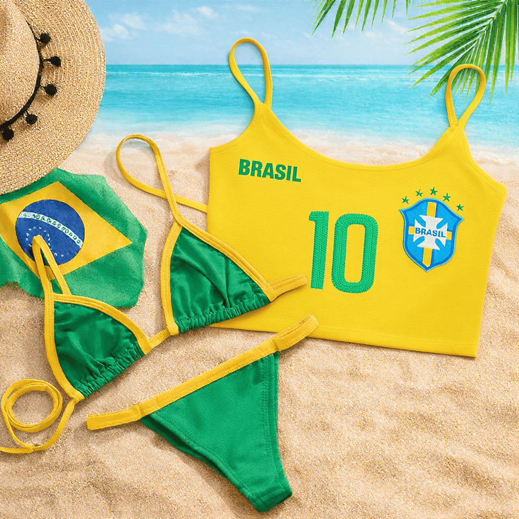 Kit 3 peças Blusinha Brasil e Biquíni Fita Brasil Marquinha