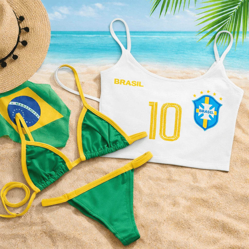 Kit 3 peças Blusinha Brasil e Biquíni Fita Brasil Marquinha