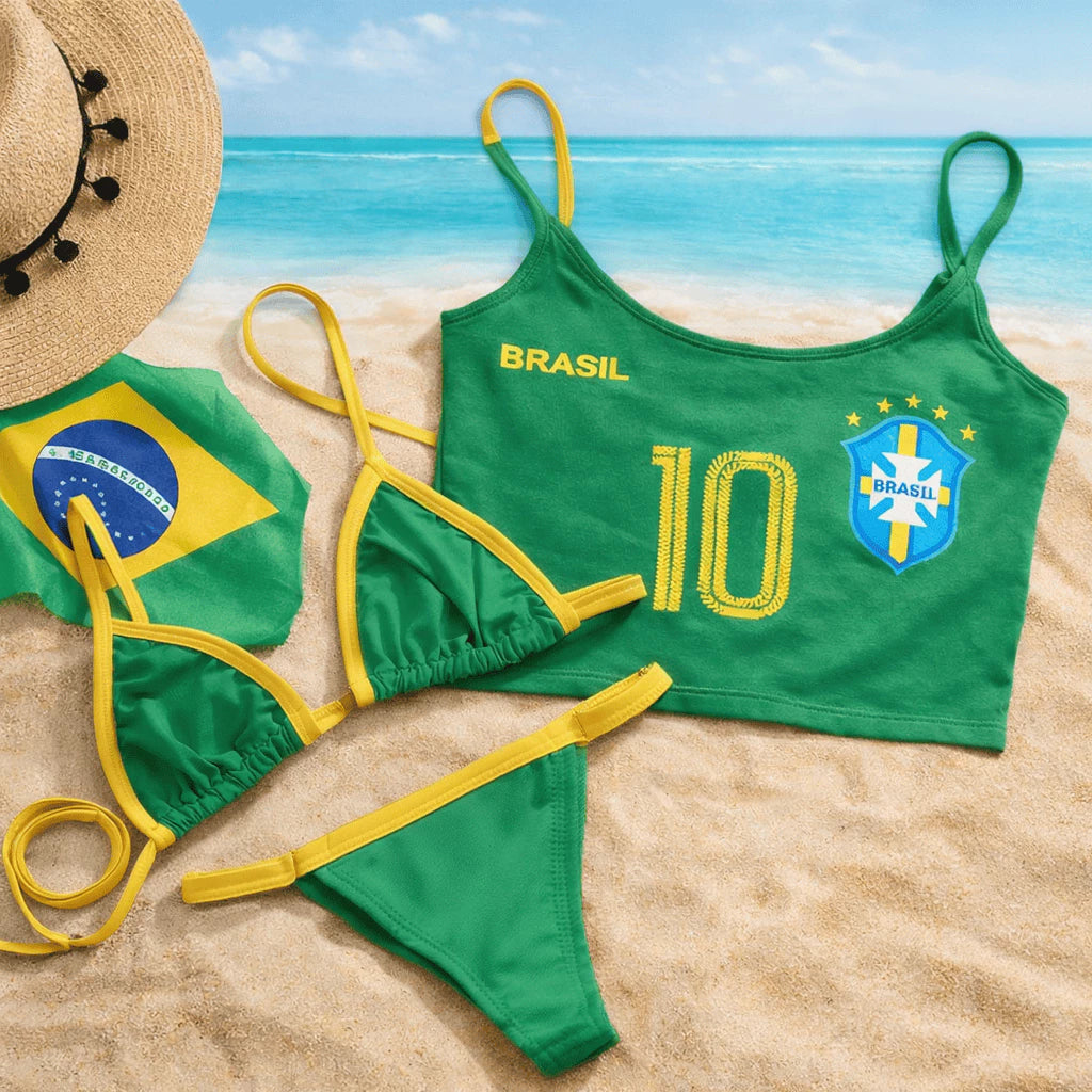 Kit 3 peças Blusinha Brasil e Biquíni Fita Brasil Marquinha