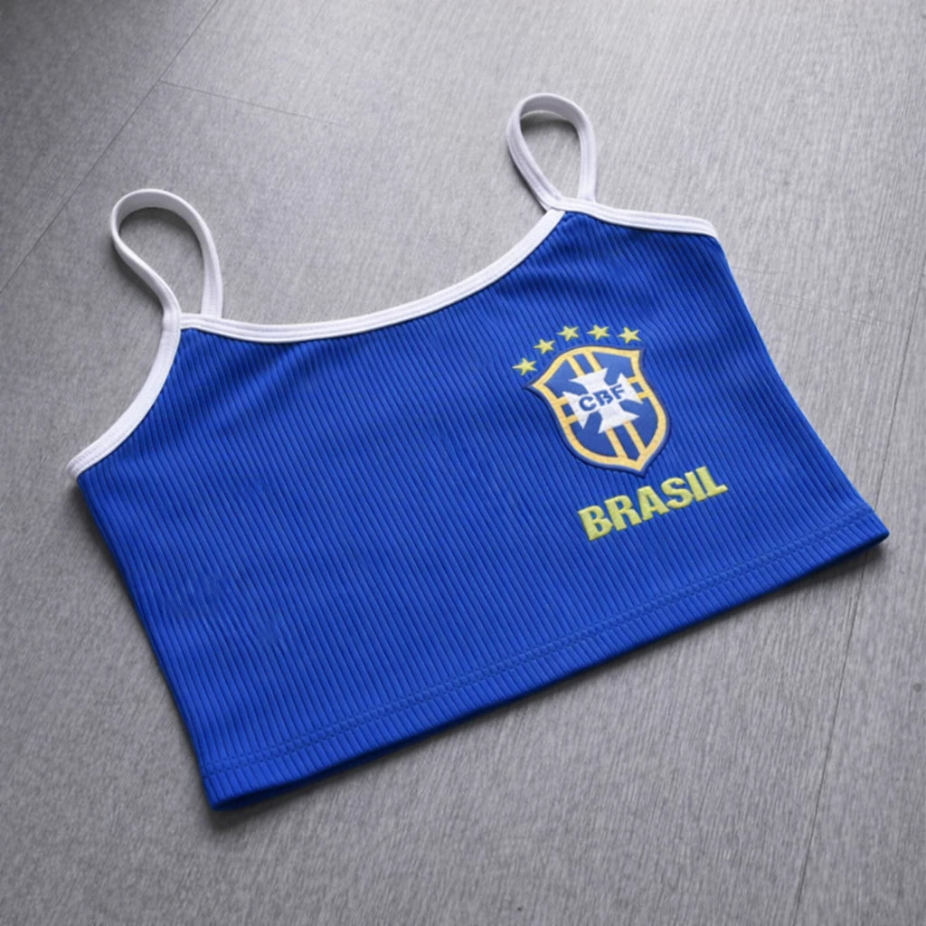 Kit 3 Cropped Regata Brasil Feminina Estampado Alta Qualidade Canelado
