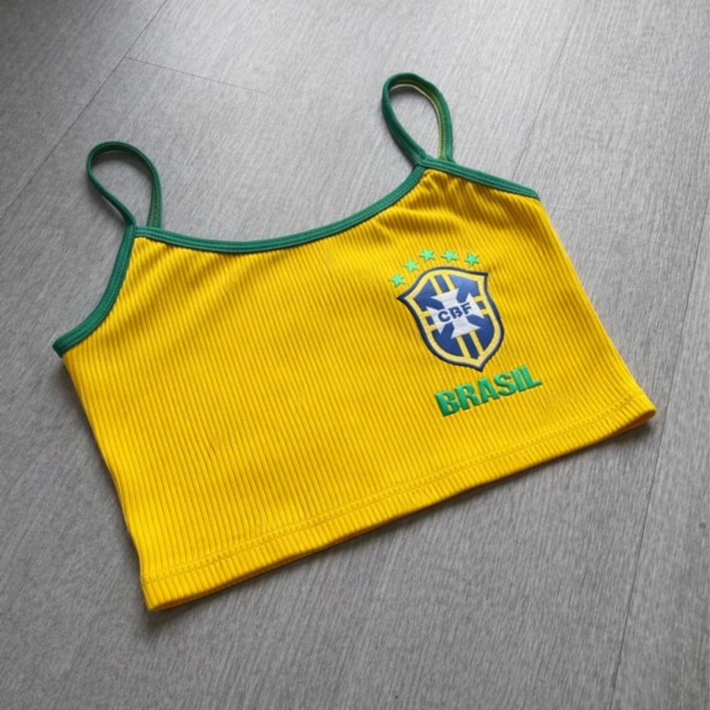 Kit 3 Cropped Regata Brasil Feminina Estampado Alta Qualidade Canelado