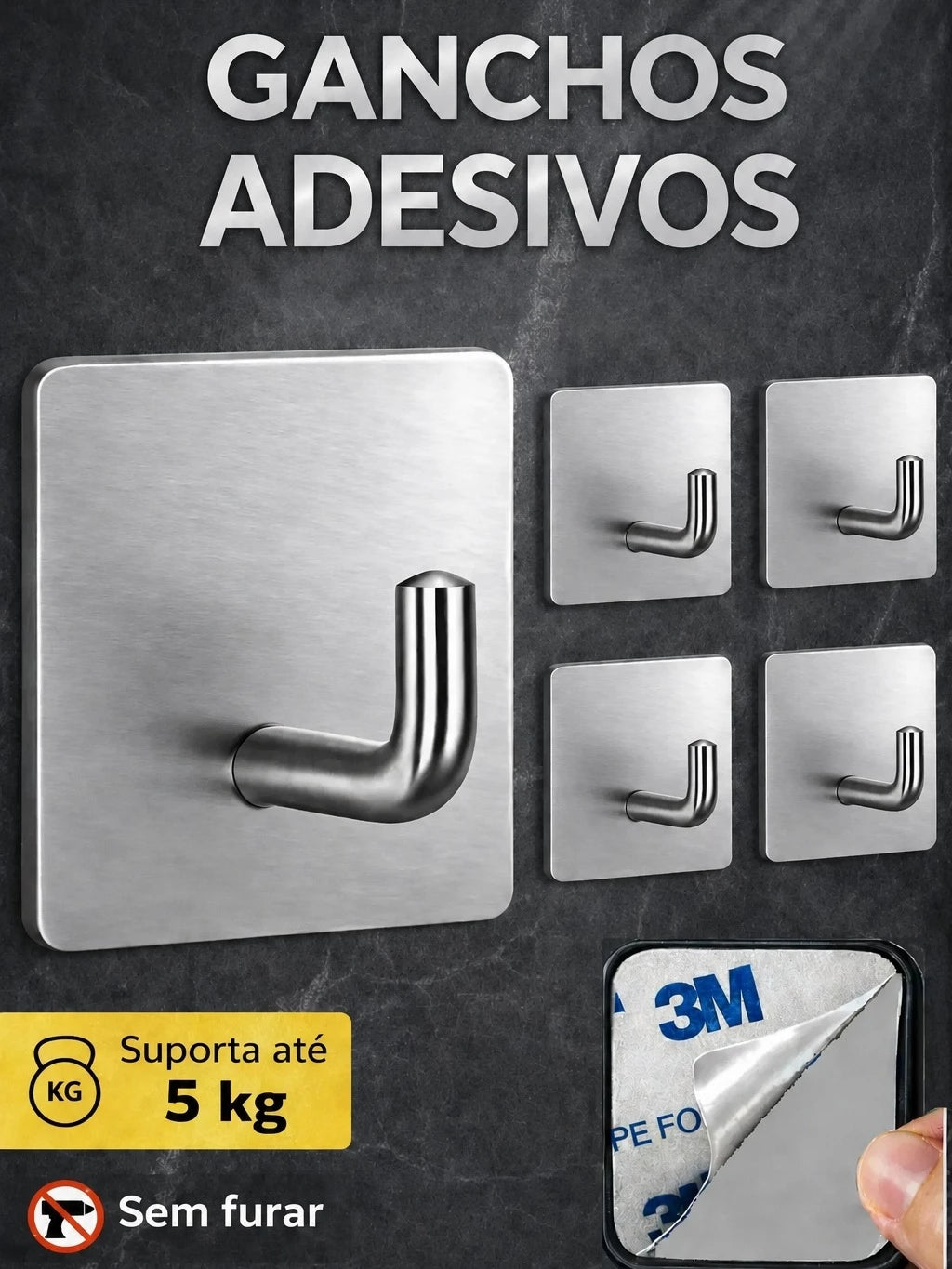 Kit 4 Ganchos Adesivos 3m Inox - Sem Furar Parede
