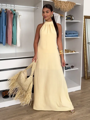 Vestido Feminino Longo Elegante Verão Blusa Regata Duna Gola Alta Costas Nua Laço