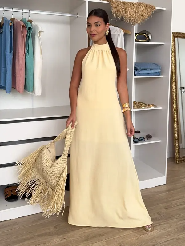 Vestido Feminino Longo Elegante Verão Blusa Regata Duna Gola Alta Costas Nua Laço