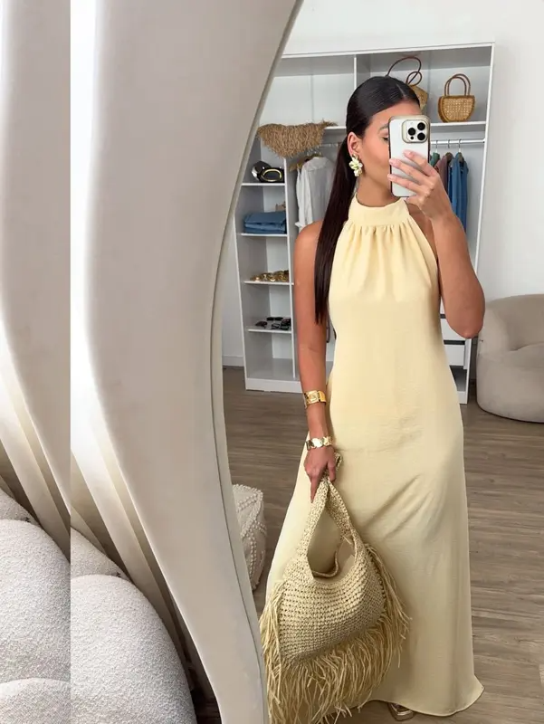 Vestido Feminino Longo Elegante Verão Blusa Regata Duna Gola Alta Costas Nua Laço