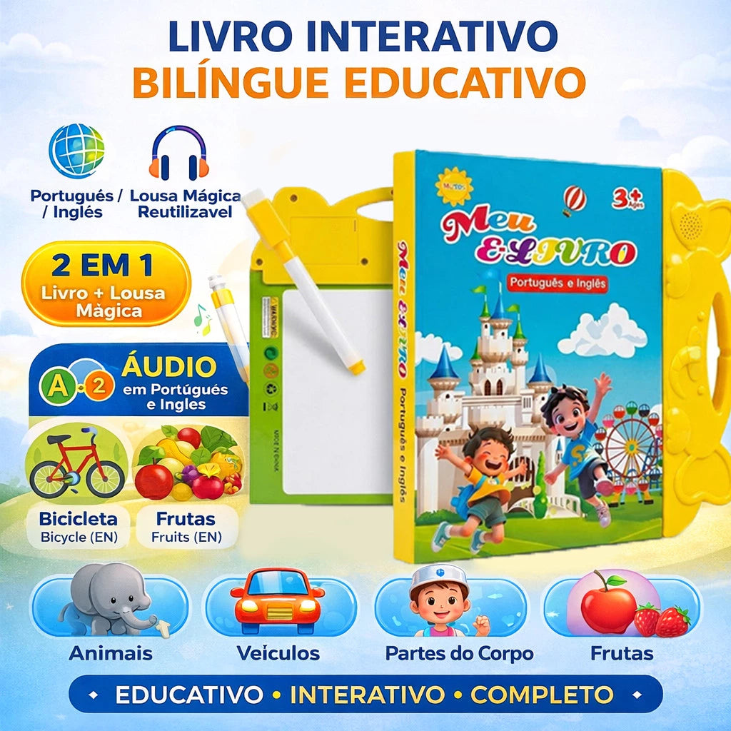 Livro Interativo Bilíngue Português Inglês + 48 CANETAS DE BRINDE